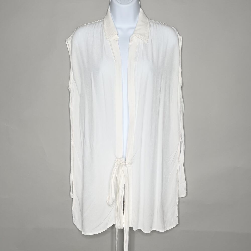 Current Air M Ivory Tie Front Sleeveless Tunic Top Semi Sheer Hi Low Kimono